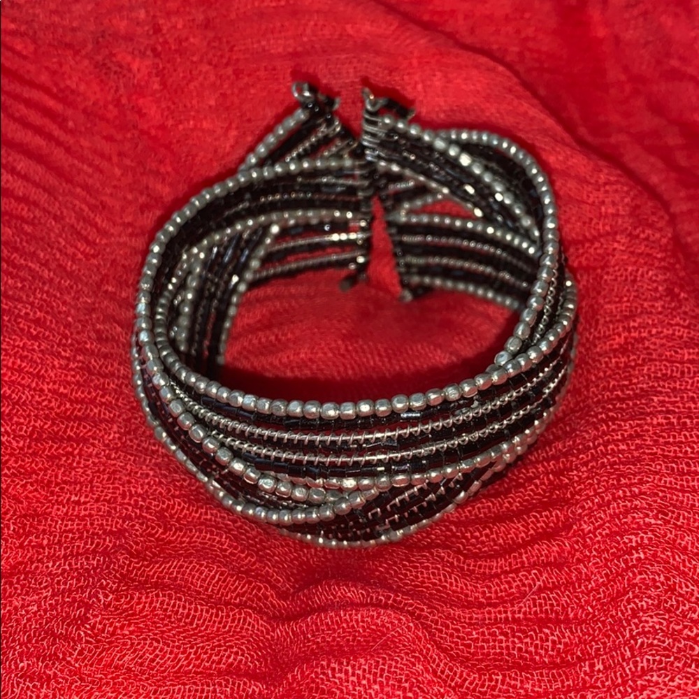 Black and Silver Beaded Stretchy Bracelet